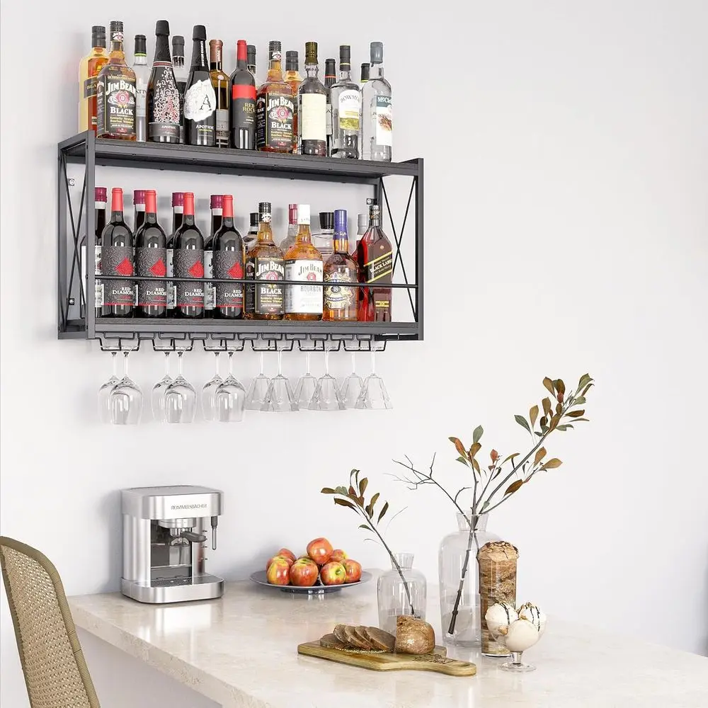 Rustiek 2-laags wandgemonteerd wijnrek met ijzeren frame voor keuken en thuisbar (zwart)