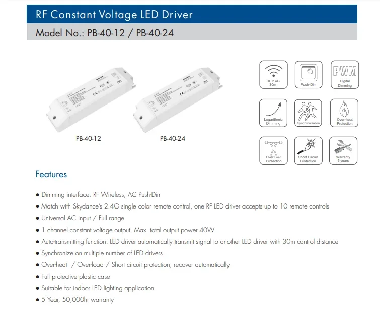 PB-40-12/PB-40-24 40W Driver LED dimmerabile Triac RF Dimming alimentatore Led da AC110-220V a DC12-24V tensione costante per lampada a Led