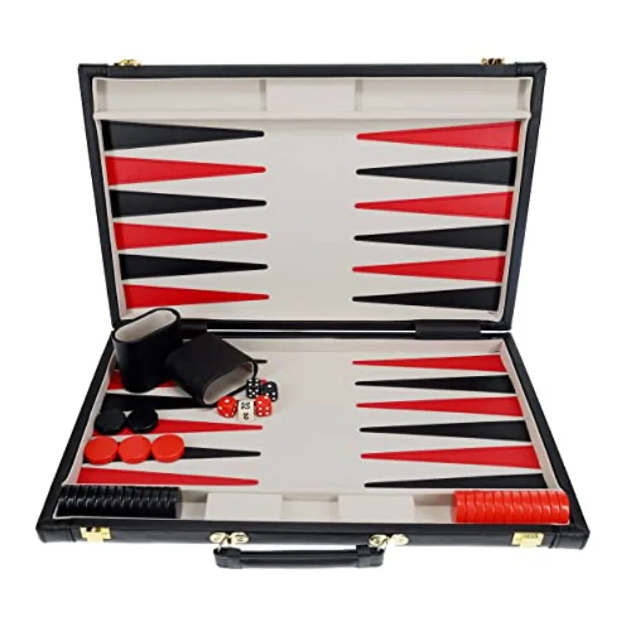 Backgammon-set met elegante zwarte kunstleren koffer 21 x 12,5 inch. Gesloten; 25 x 21 inch. Open Ideaal voor Familiespelavonden Volwassen Bo