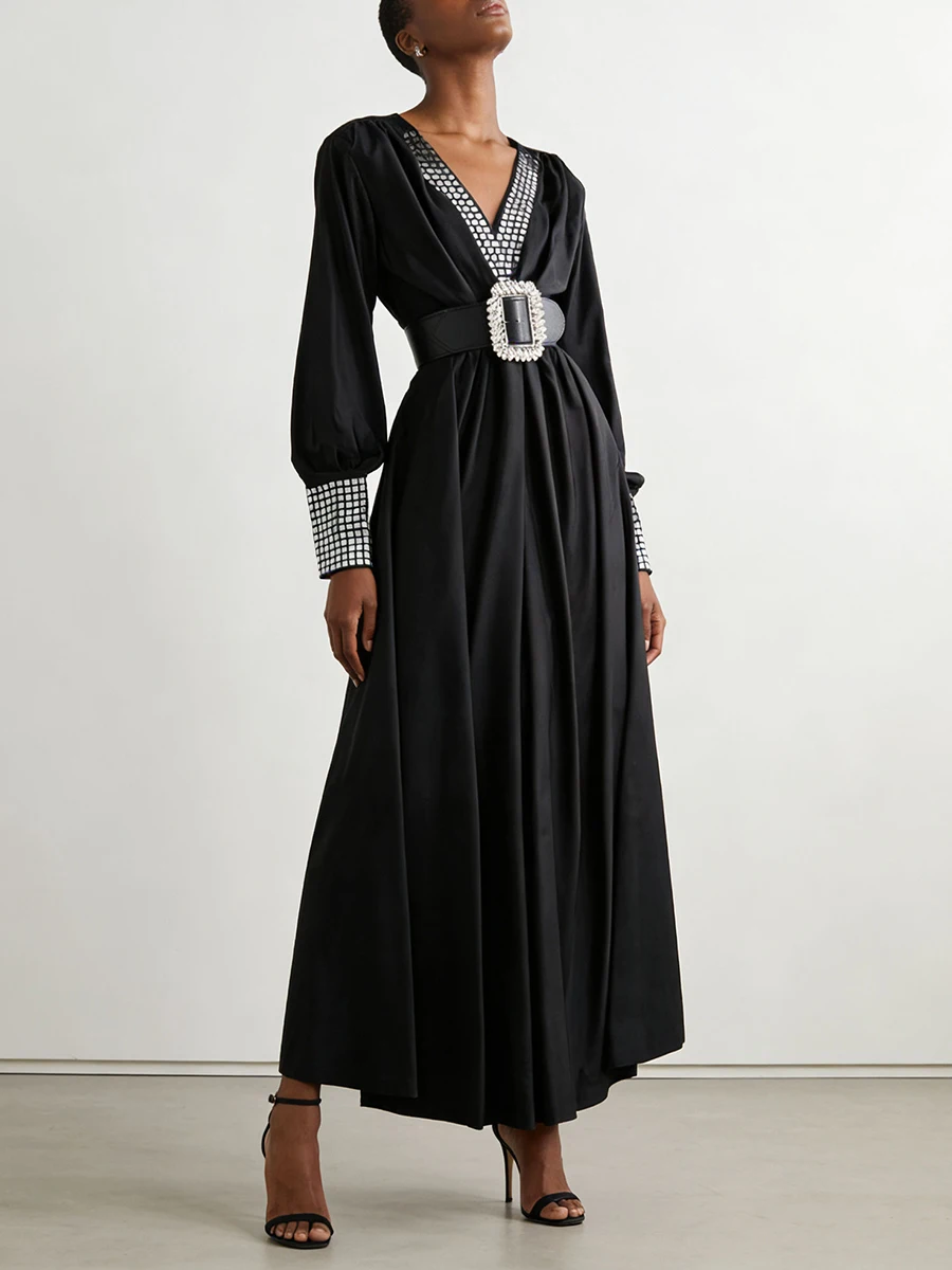 VGH Slimming Spliced Belt Casual Dresses For Women V Neck Long Sleeve High Waist Autumn Elegant Draped Dress Female Fashion New