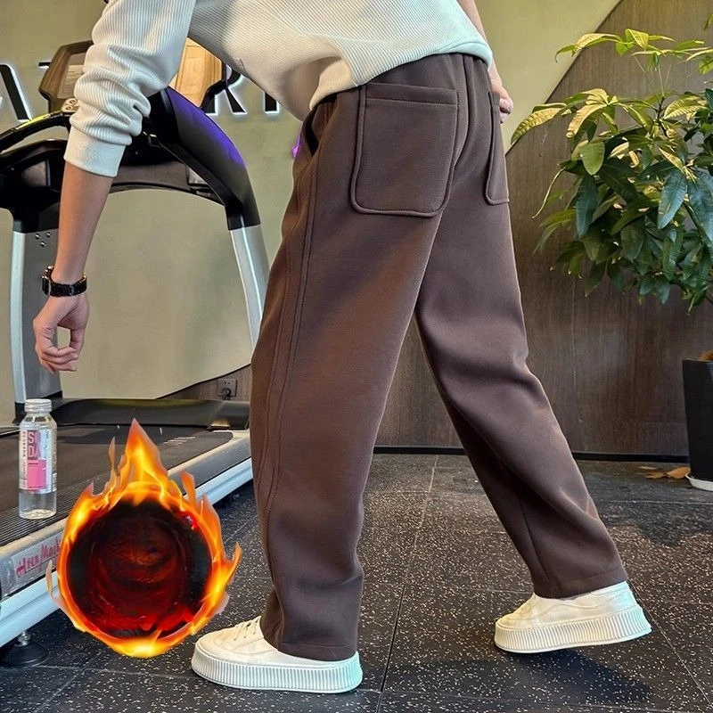 

Мужские прямые брюки с изогнутыми ножками, повседневные свободные модные тяжелые спортивные штаны, длинные брюки среднего возраста, новые зимние флисовые утепленные брюки