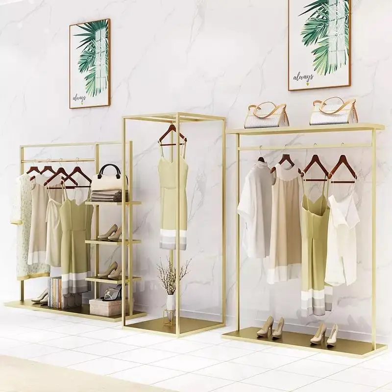 custom，Custom Shiny Gold Black Retail Shop Fittings And Store Furniture Boutique Garment Clothes Clothing Display Rack