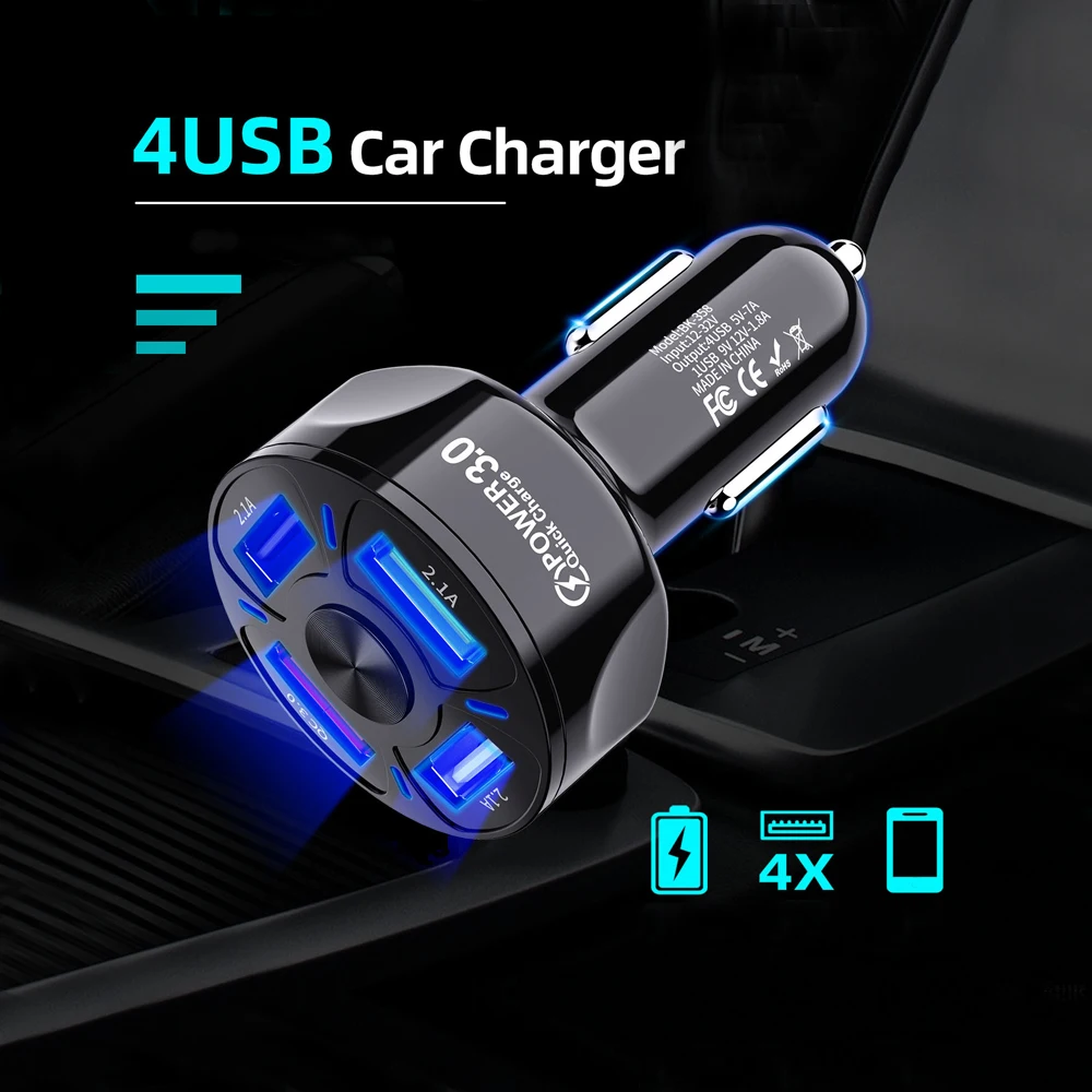 1x Mini Car Charger Quick Charging 7A USB 4 Port Mobile Phone Adapter Car Electrical Accessories For Phone Samsung Huawei Xiaomi