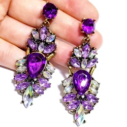 Costume Jewelry Bridesmaid Vintage Gold Color Sparkling White Blue Purple Crystal Rhinestone Chandelier Drop Earrings for Women