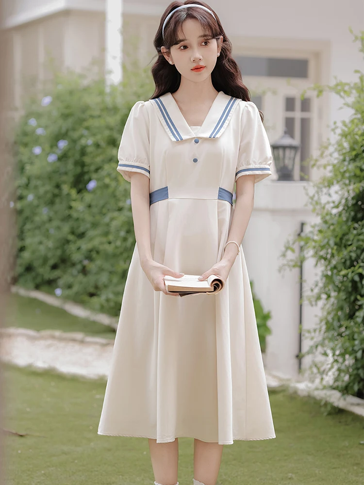 

2024 White Preppy Style Short Sleeve Sailor Collar Midi Dress Women Korean Elegant Casual Dress Summer Fashion Bodycon Prom Robe