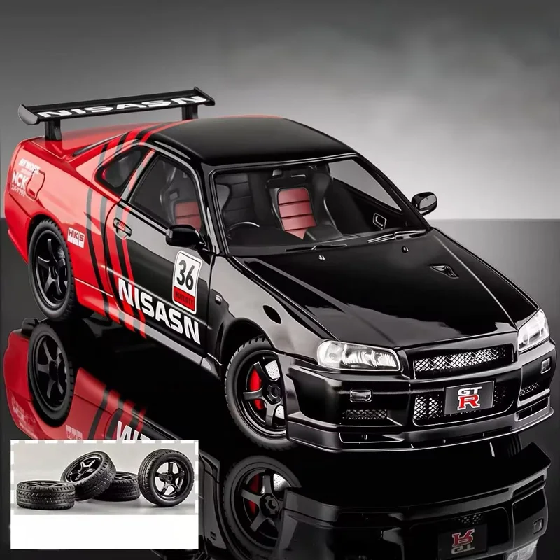 

1:18 Skyline Ares GTR GT-R R34, модель спортивного автомобиля из сплава, литая под давлением металлическая гусеничная гоночная машина, модель автомобиля, звук и свет, детская игрушка в подарок