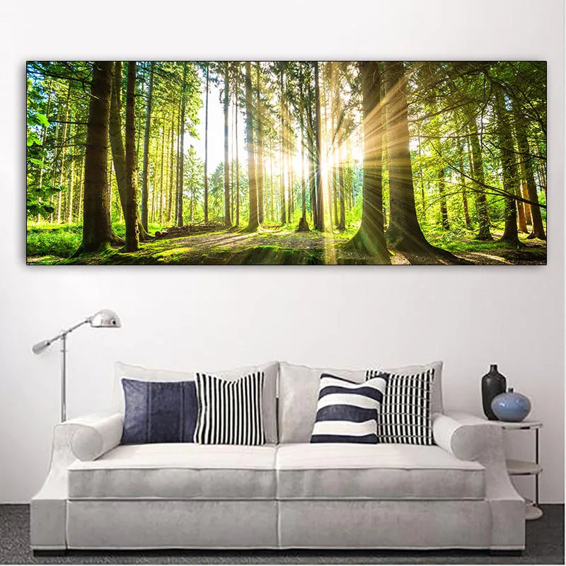 المشهد الأخضر الأصفر شجرة الغابات قماش اللوحة أشعة الشمس الملصقات و يطبع جدار صور غرفة المعيشة ديكور المنزل لا الإطار