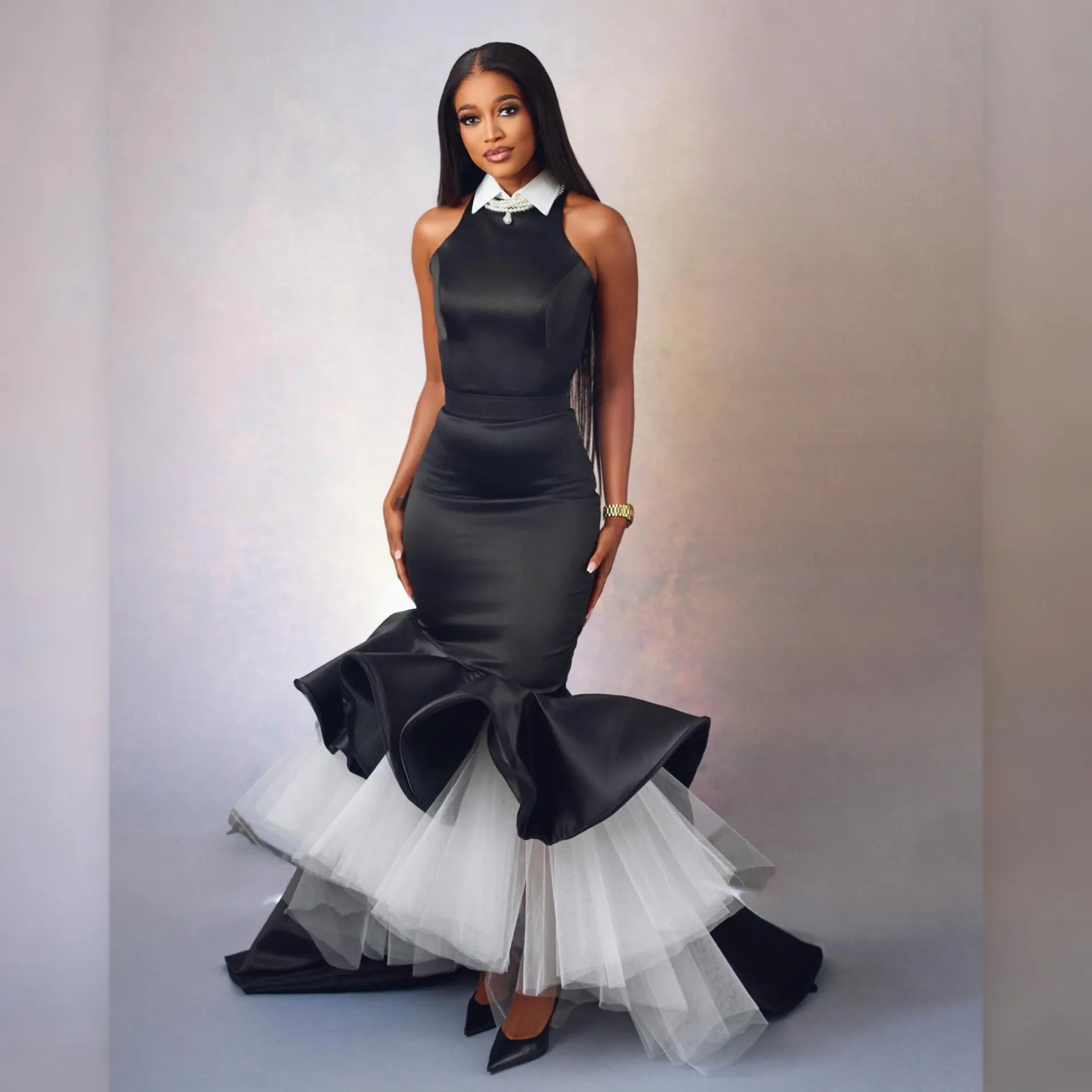 

Women's Evening Gown, Black Pearl Collar Floor Length Wedding Dress, Mermaid Skirt with Tulle Overlay, Formal Party Prom Luxury