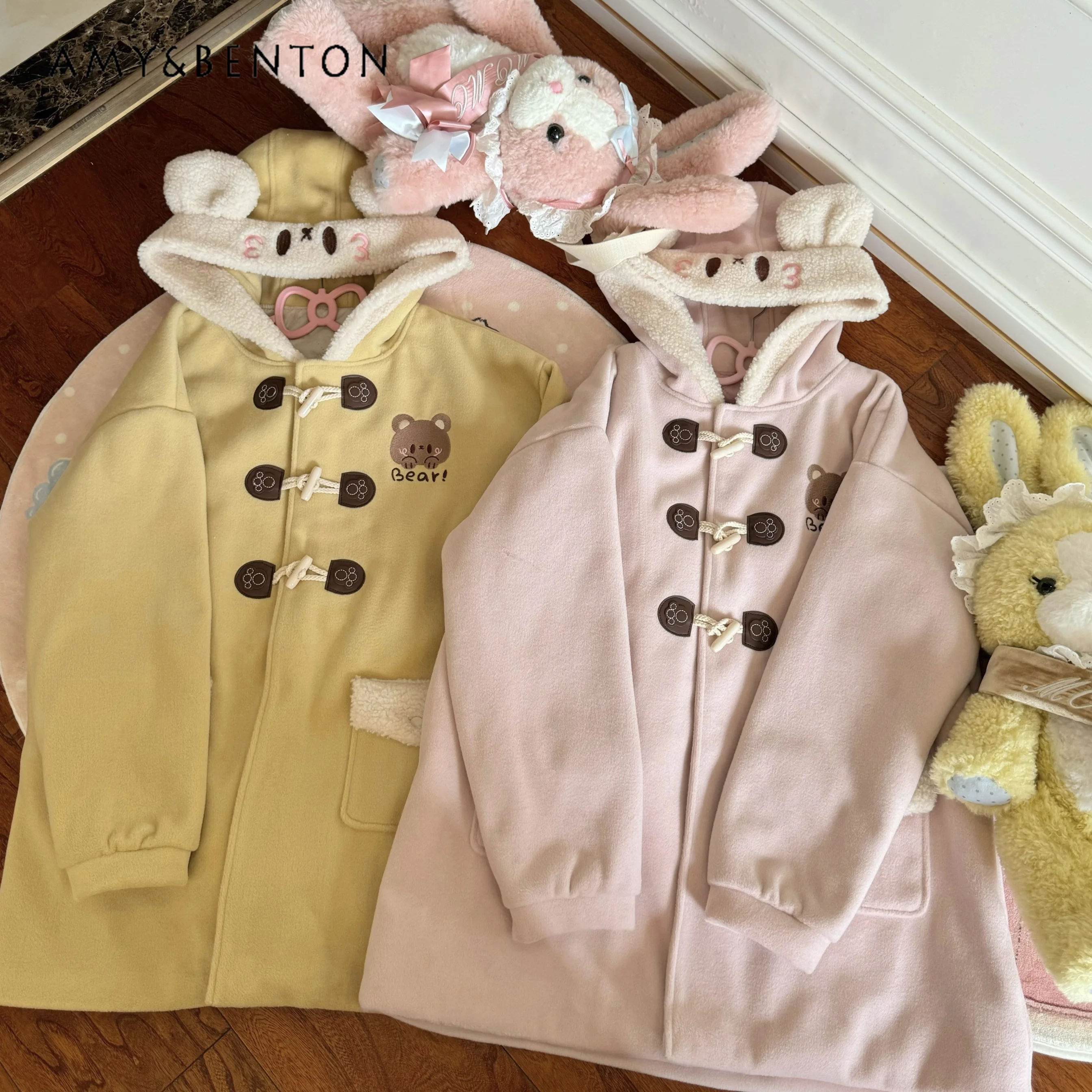 Winter New Japanese Cute Cartoon Print Thickened Plush Bear Ears Hooded Wool Coat Kawaii Horn Buckle Loose Mid-calf Woolen Coat