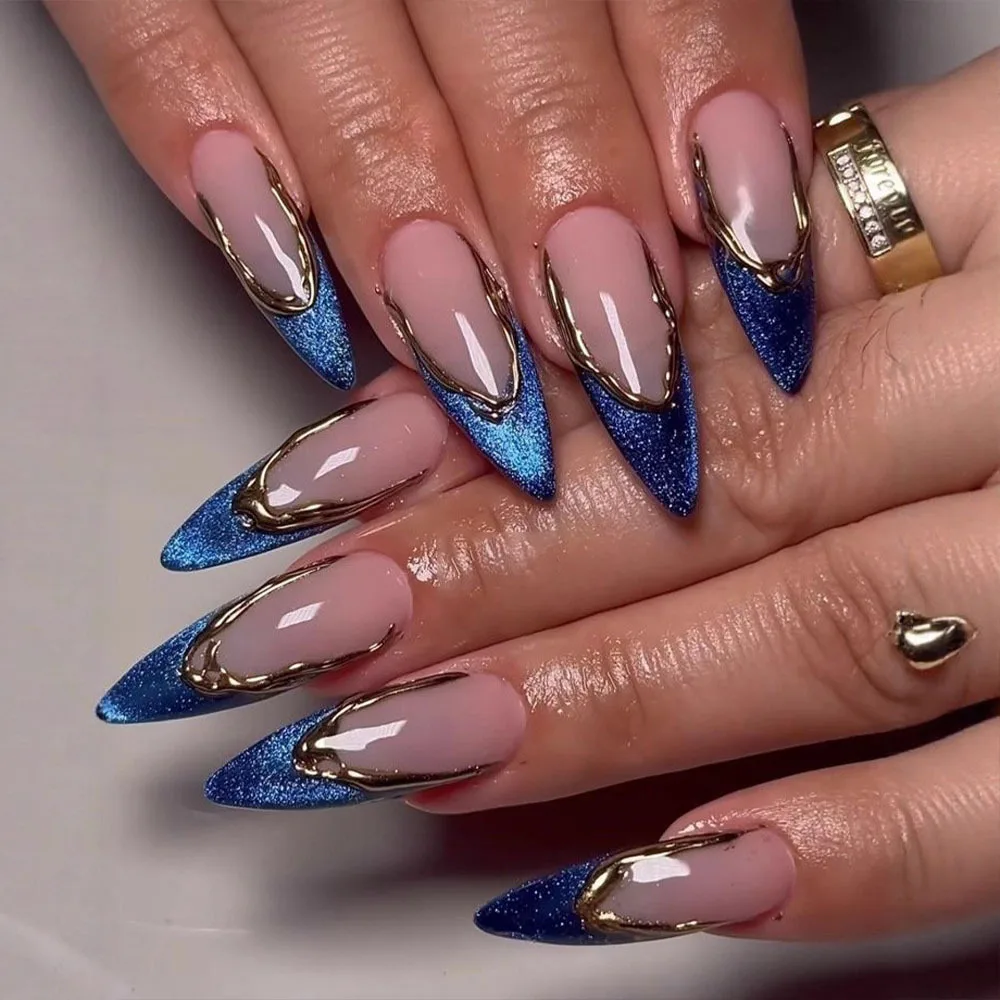 

24PCS French Cat Eye Fake Nails Gold Plated Removable Press on Nails Long Almond Shape European American Spicy Cool False Nails