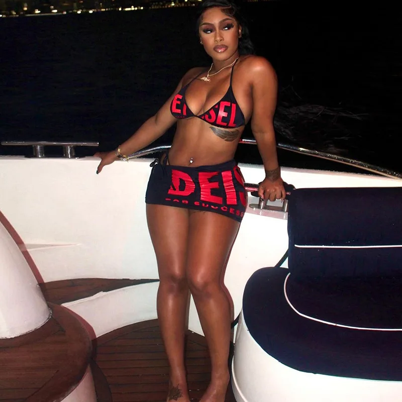 FAGADOER Sexy Black Women Outfits Club Beachwear Cross-border Sexy Neck Strap-up Top and High Waist Hip Skirt Bikini 3pcs Set