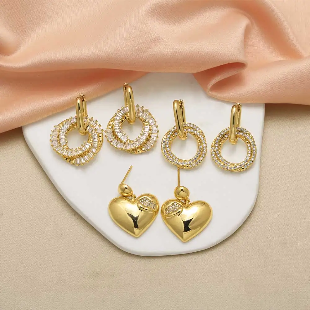 FLOLA Dainty Clear Crystal Round Earrings For Women Gold Plated Hoop Heart Dangle Earrings CZ Jewelry Gifts ersz55