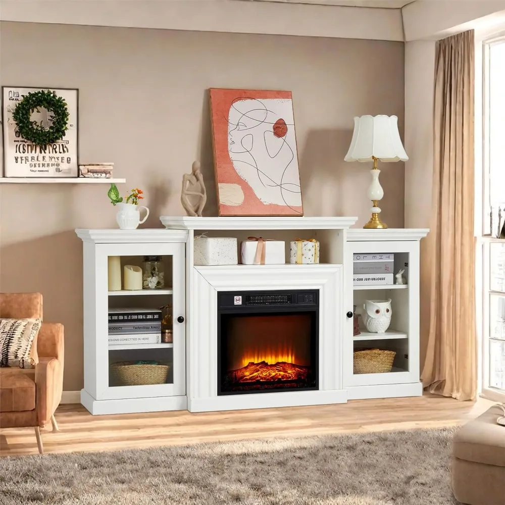 63인치 벽난로 TV 스탠드, 전기 벽난로(맨틀 포함), 사실적인 3D 화염 효과와 3단계 조절 가능한 조명이 있는 벽난로