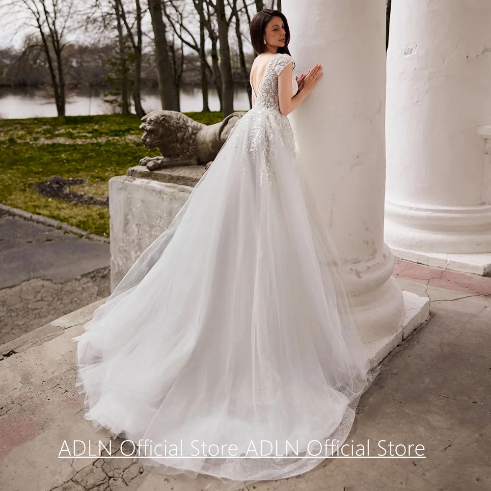 Классическое свадебное платье по индивидуальному заказу с V-образным вырезом и короткими рукавами, расшитое блестками и аппликацией, блестящее тюлевое свадебное платье трапециевидной формы, Vestido De Noiva