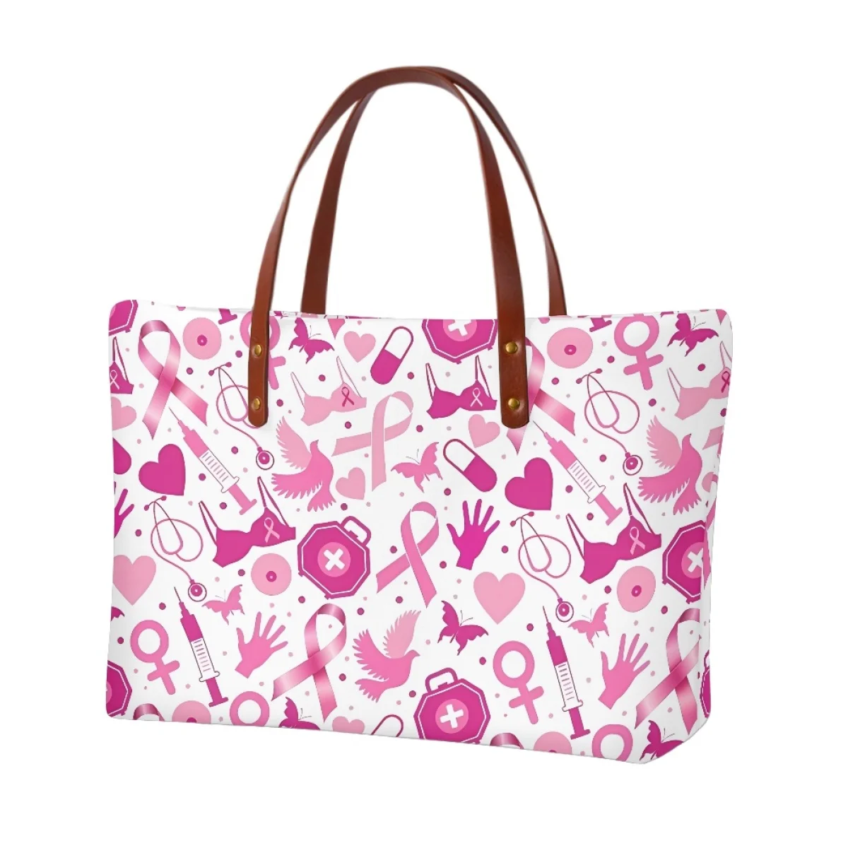 Breast Cancer Awareness Heart Shape and Ribbon Print Women's Handbag Fashion Hot Large Capacity Shopping Shoulderbag Travel Tote