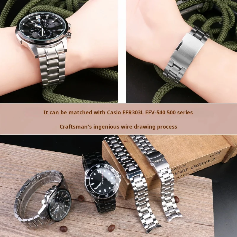 For Casio EDIFICE EFV-540 EFV-500 BEM501 EFS-S510 EFB-650 Curved End Stainless Steel Strap Men Solid Metal Watchband Watch Chain