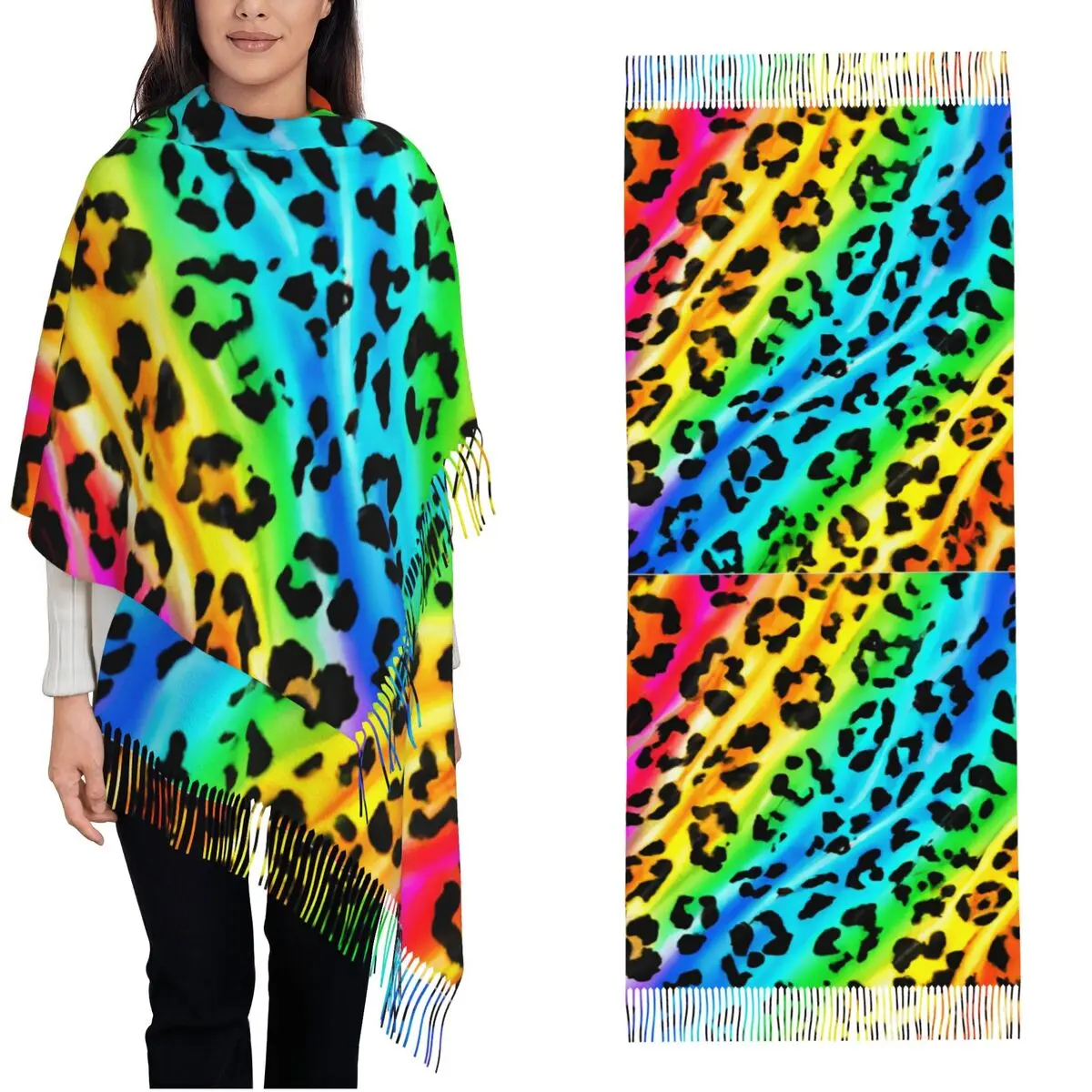 

Rainbow Leopard Scarf with Long Tassel Outdoor Shawls and Wrap Women Printed Large Scarves Winter Luxury Brand Foulard