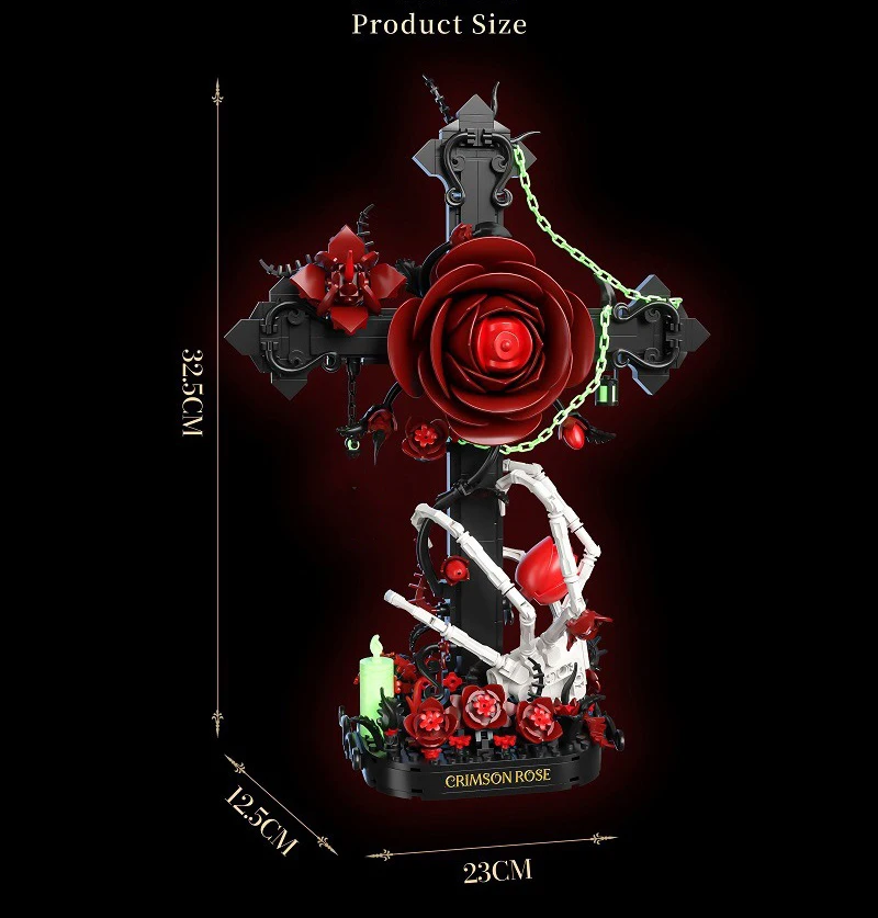 Idea Leuchtender Baustein Kreuz-Totenkopf Rote Rose Spielzeug Blume Skeletthand Konstruktions-Baustein-Modell Sammlerstück Schreibtischdekoration – Detail 3