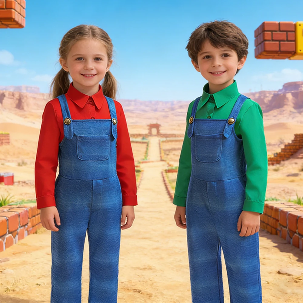 2026 New Movie Super Bros Long Sleeve Shirt+Suspender Pants 2Pcs Sets for Children Work Clothing Performance Cosplay Costume