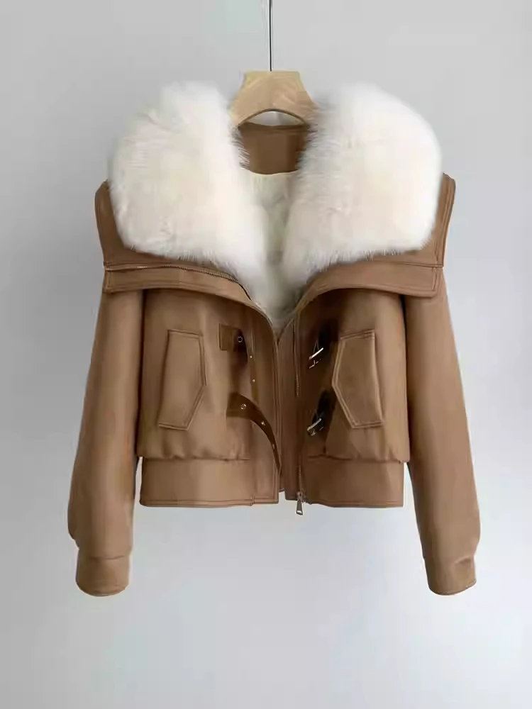 Fashion Women's Leather Jackets Coat Fur Collar Pockets Long Sleeve Short Female Coat Autumn 2024