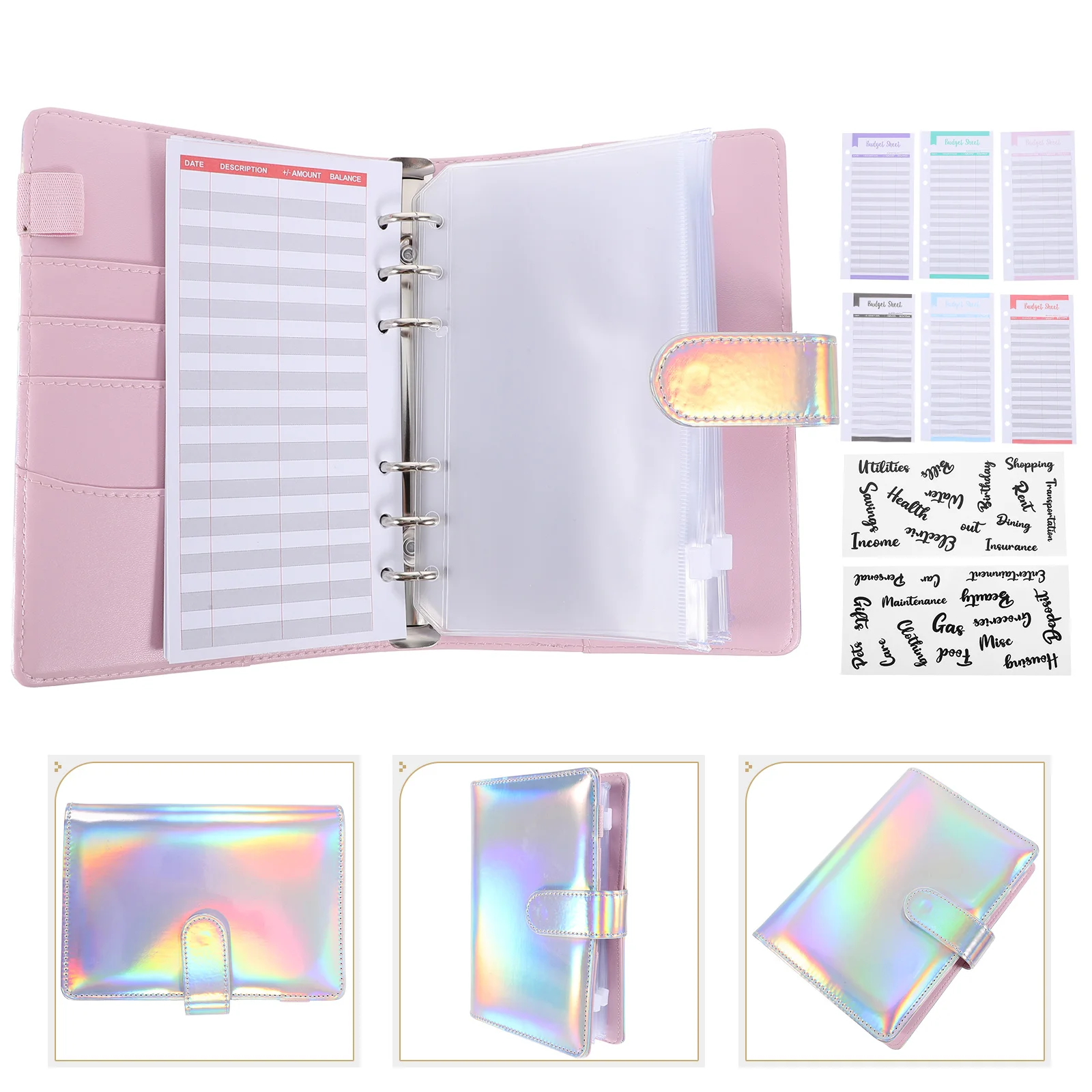 23pcs Budget Binder Set Silver Cover 12 Sheets 8 Zipper Pockets 2 Stickers ganize Cash Save Money Lightweight Portable