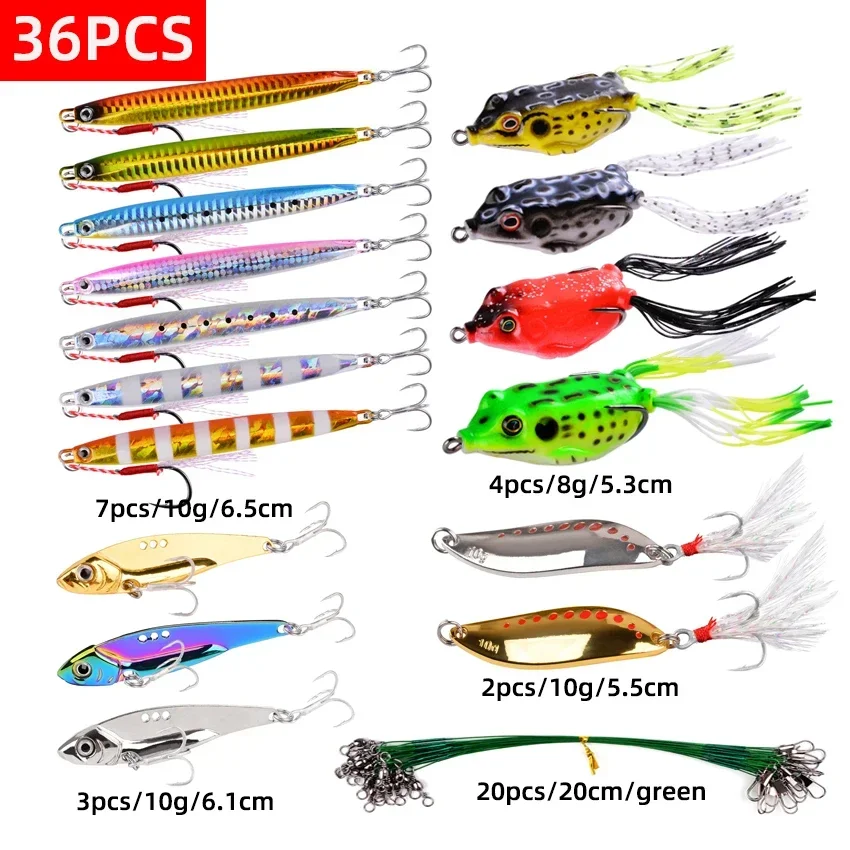 36PCS Mix Fishing Lure Kit 10g/8g Metal Spoon Fishing Lure Wobbler Casting Jigging Soft Lure Tackle Accessories Pesca Chub