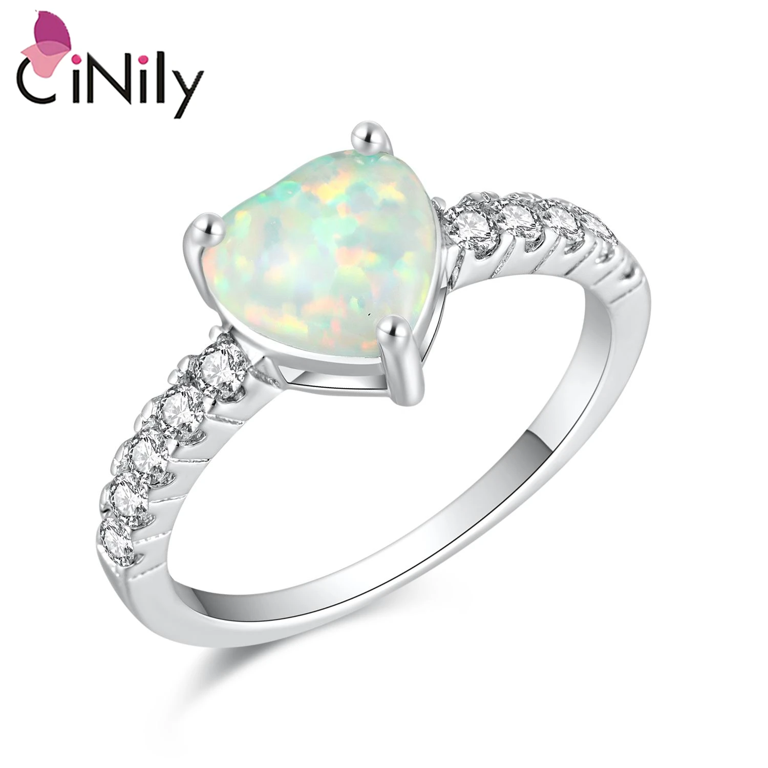 

CiNily Created White Fire Opal Rings with Cubic Zirconia Silver Plated Heart Shape Ring Cute Jewelry for Women Lover GiftSize6-8