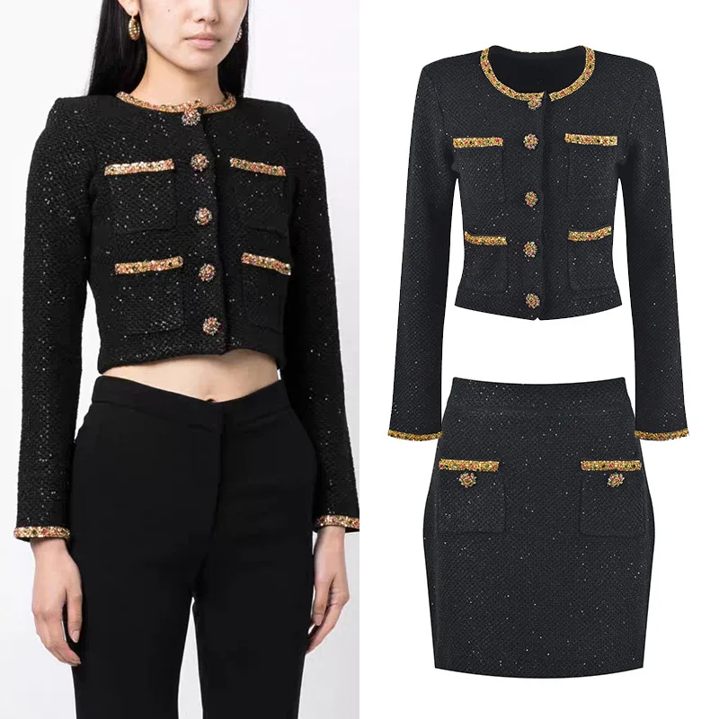 Celebrity two-piece set with sequin black mixed color knitted gold trim short cardiga + skirt set