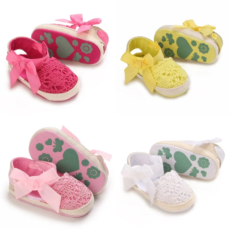 

0-18M Baby Girl Summer Sandals Hollow Crochet Knit Bowknot Trim Elastic Strap Non Slip Soft Sole First Walkers