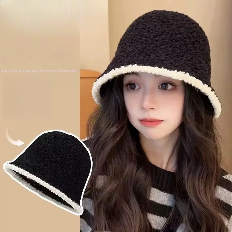 Women's Colorblock Knit Fisherman Bucket Hat - Winter Warm Ear Flap Fleece Lined Beanie Korean Fashion for Large Head