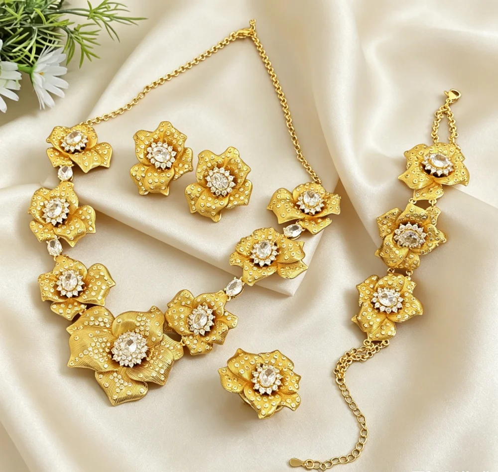 JRH Gold Plated Copper Floral Pendant Zircon Women's Jewelry Set Bracelet Ring Necklace Earrings Elegant Wedding Accessory