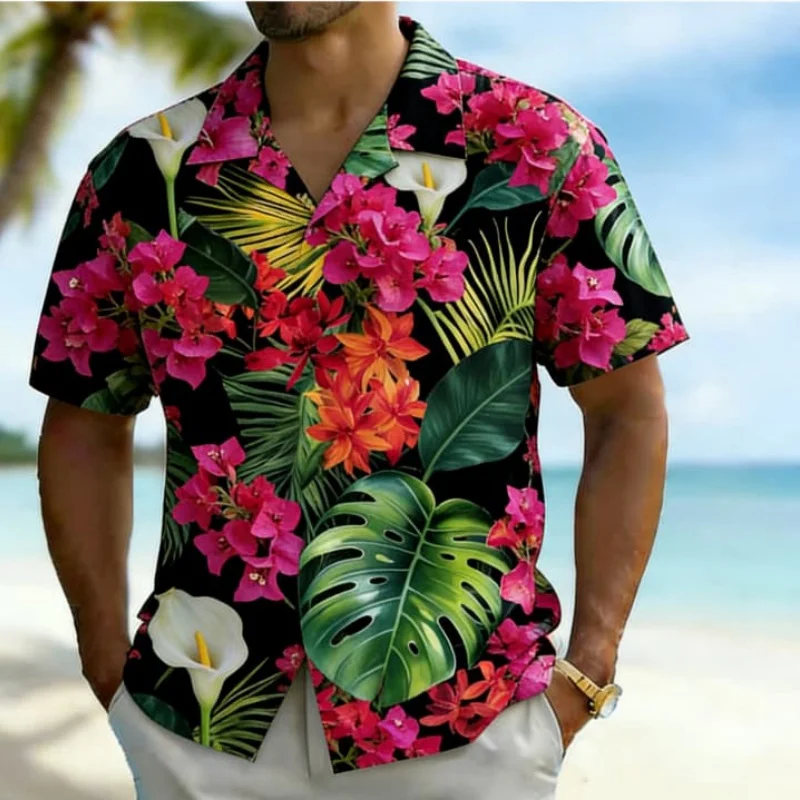 Men's Fashion Tropical Flower Print Short Sleeve Button Down Shirt Trendy Summer Style for Beach Vacation Party Daily Commute