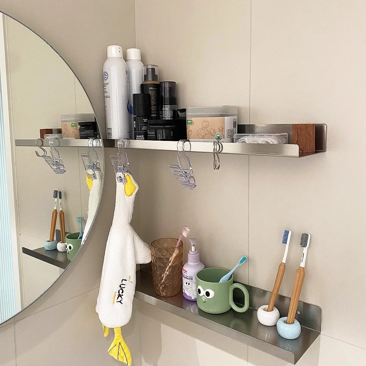 

Cosmetics mirror front storage rack, bathroom washstand, bathroom wall hanging, wall decorative rack, stainless steel one-word b