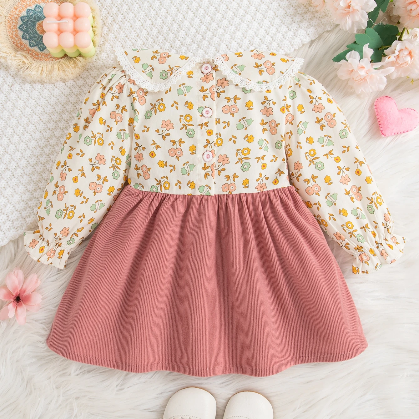 Toddler Girl Long Sleeved Dress Doll Collar Cute Flower Printed Bow Pink Dress for Girl Casual Playing