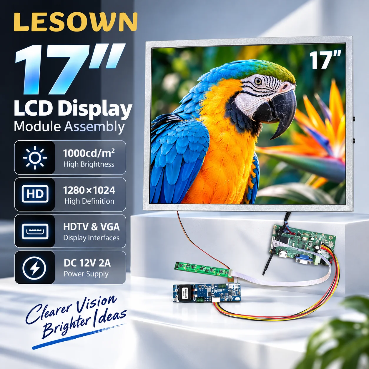 LESOWN 17 Inch High Brightness LCD Screen Module 1000 Nits HDTV VGA LVDS Display Kit for Industrial Automation Equipment