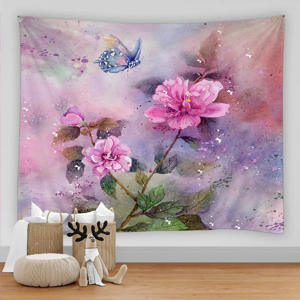 Psychedelic Flower Butterfly Tapestry Painted Pattern Tapestry Home Living Room Bedroom Wall Hanging Art Asthetic Room Decor