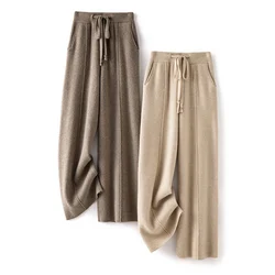 Women's Thick Wide Leg Pants 100% Australian Wool Knitted Winter Warm Long Trousers Pure Woolen Leggings for 2023 Female JA01