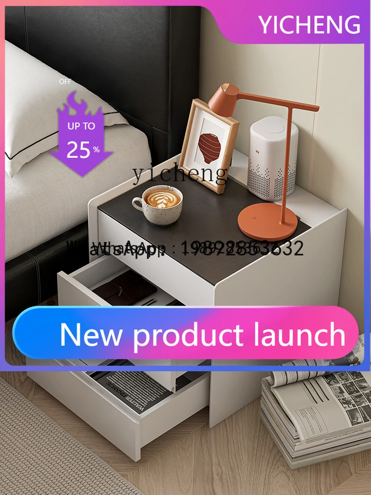 

Minimalist Bedside Table Simple Modern Bedroom Storage Organizer Three-Drawer Stone Plate Light Strip Bedside Cabinet