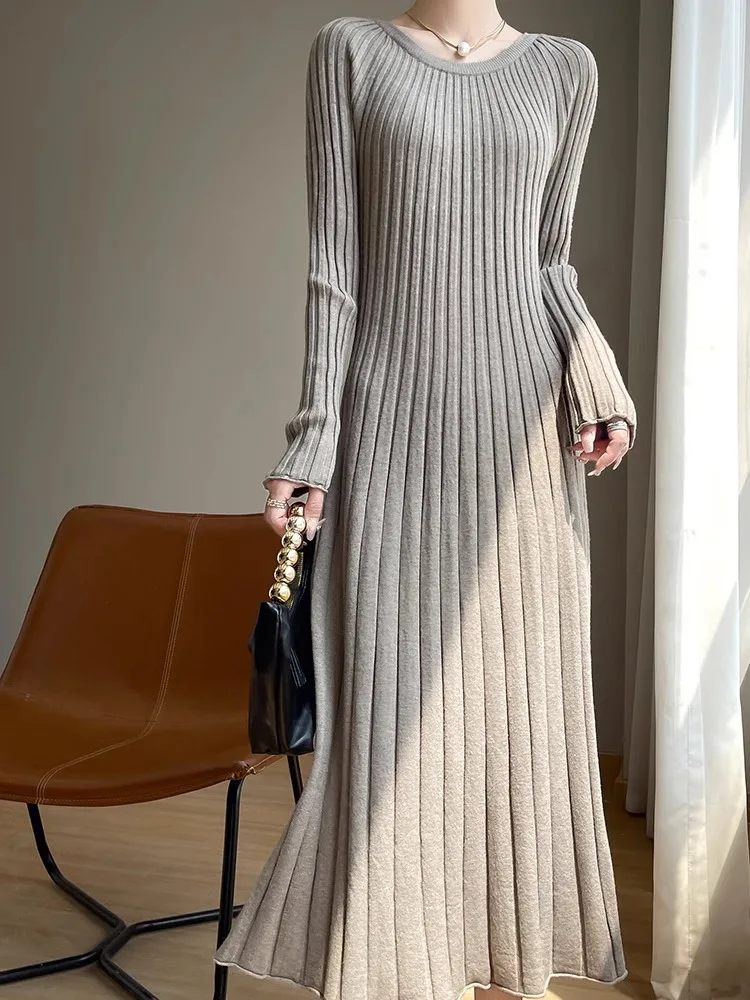 Longo sve malha dr feminino outono inverno novo sle ele cintura cinched camada base redonda ne camisola dr para casaco