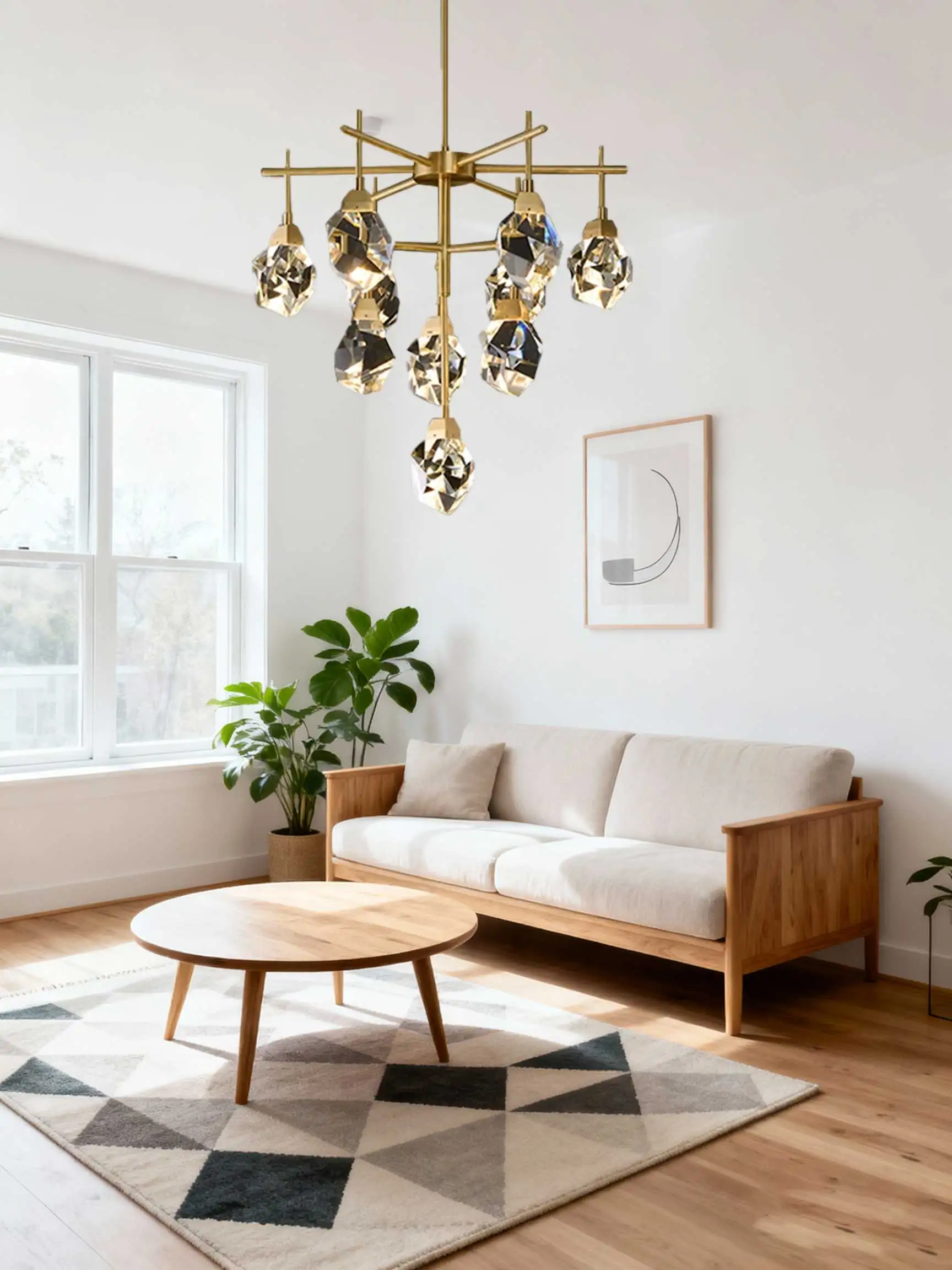 

Modern Nordic Luxury Crystal Chandelier with Diamond Shape and All Copper Finish for Bedroom and Foyer Lighting Decor