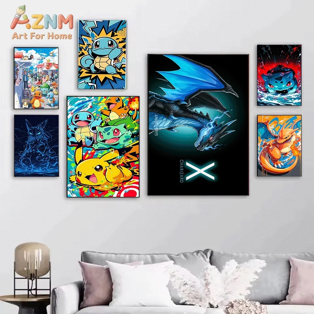 AZNM Mewtwo Color Splash Pop Style Anime Canvas Wall Print, Game Character Art Poster, Unframed Canvas Painting for Kids Bedro
