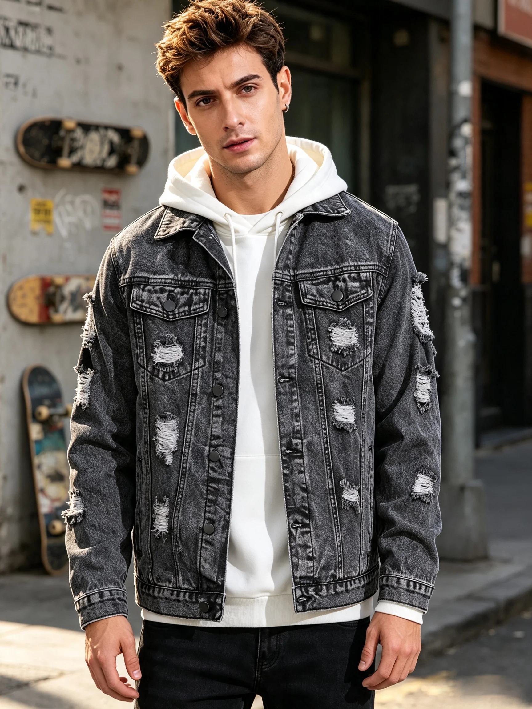 Men Denim Jacket Distressed Ripped Jean Coat Casual Trucker Jacket Streetwear Hip Hop Outerwear Daily Fashion Coat For Male