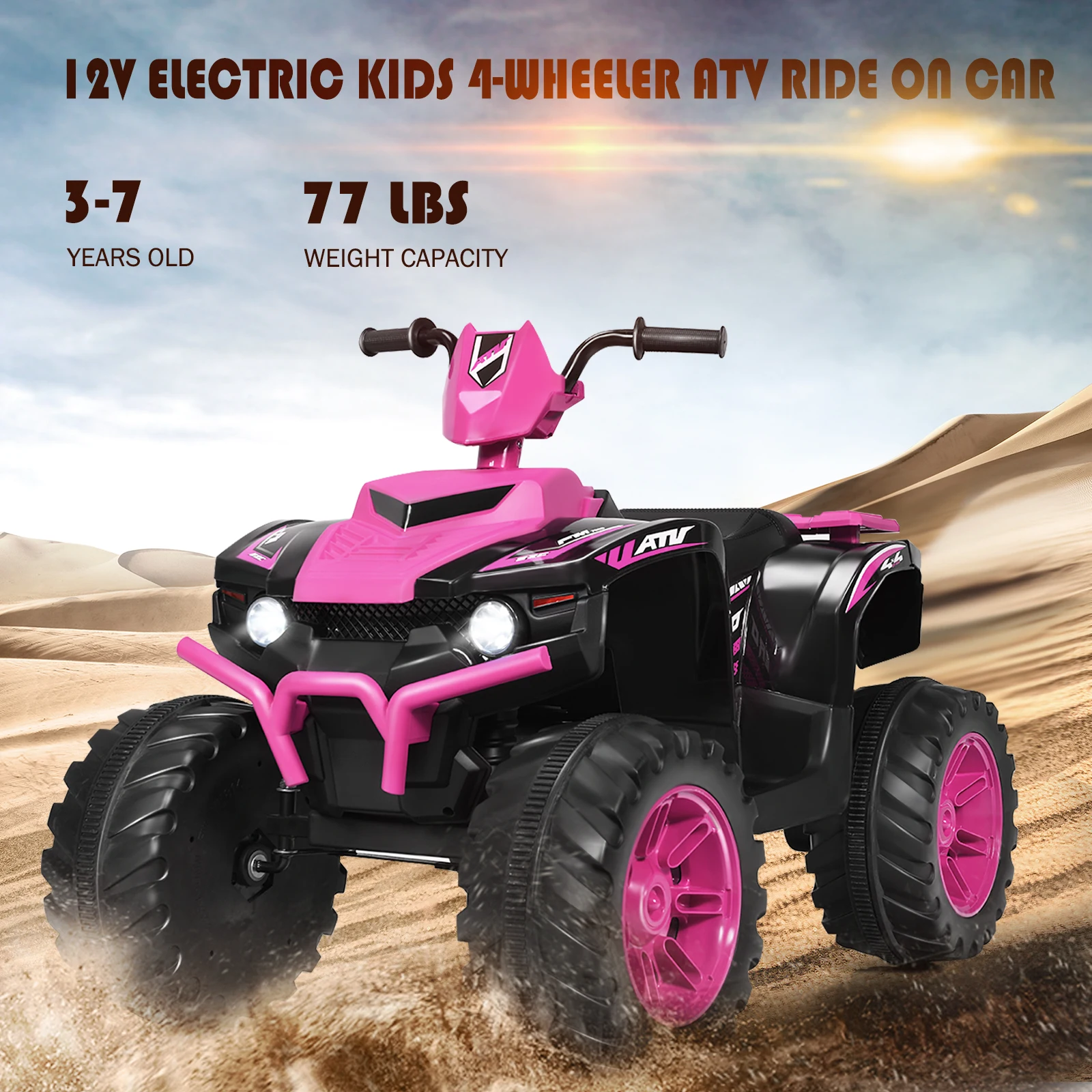 Crianças 4-Wheeler ATV Quad Ride On Car com luz LED e música, rosa, 12V