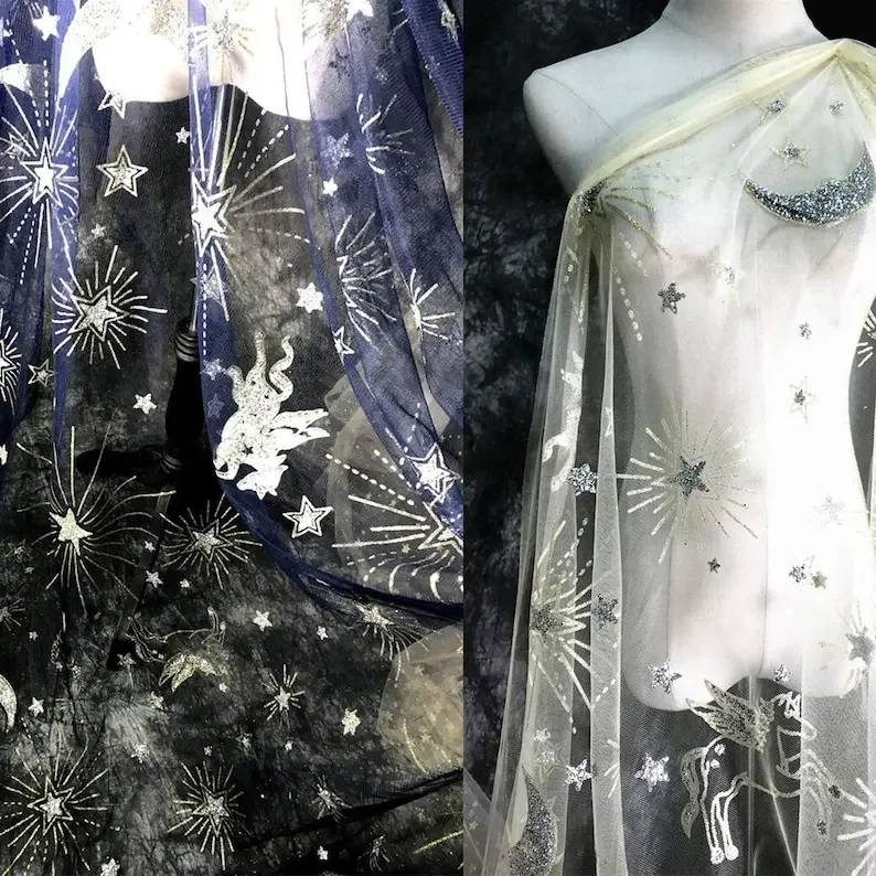 

Ткань из тюля с блестками цвета шампанского золота, звездами, луной и серебряными пайетками для платьев девочек, праздничного декора, костюмов и детских нарядов