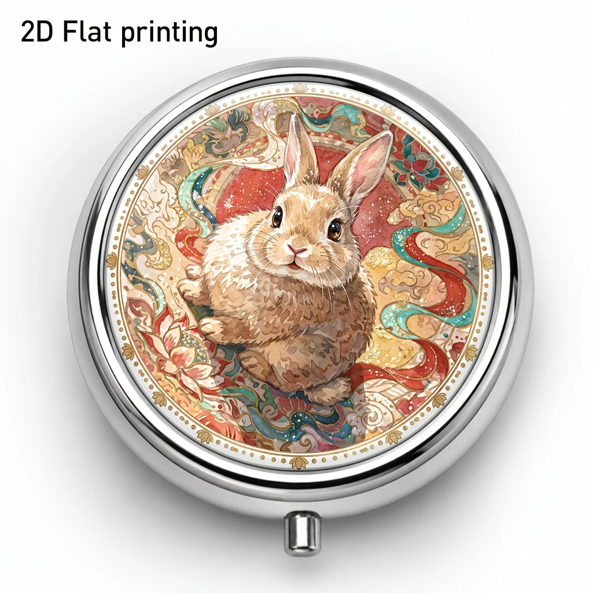 Single-piece, flat-printed, vintage floral and rabbit pattern round metal small box, elegant decorative style, three-compartment portable storage, suitable for small items, accessories, medication, and vitamin containers, with a divided design, flat surface