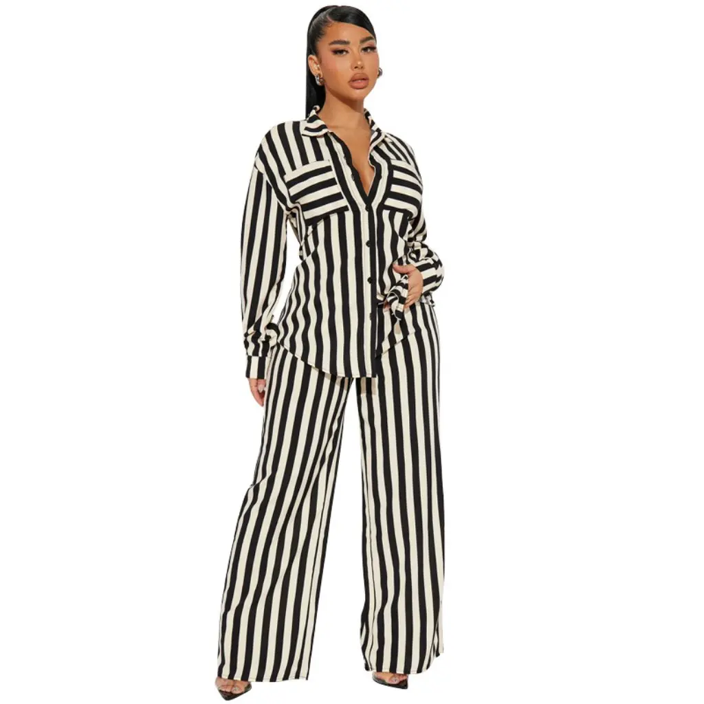 

Women's Fashion Casual Striped Button Shirt And Trousers Two-Piece Suit European And American Style Home Outfit