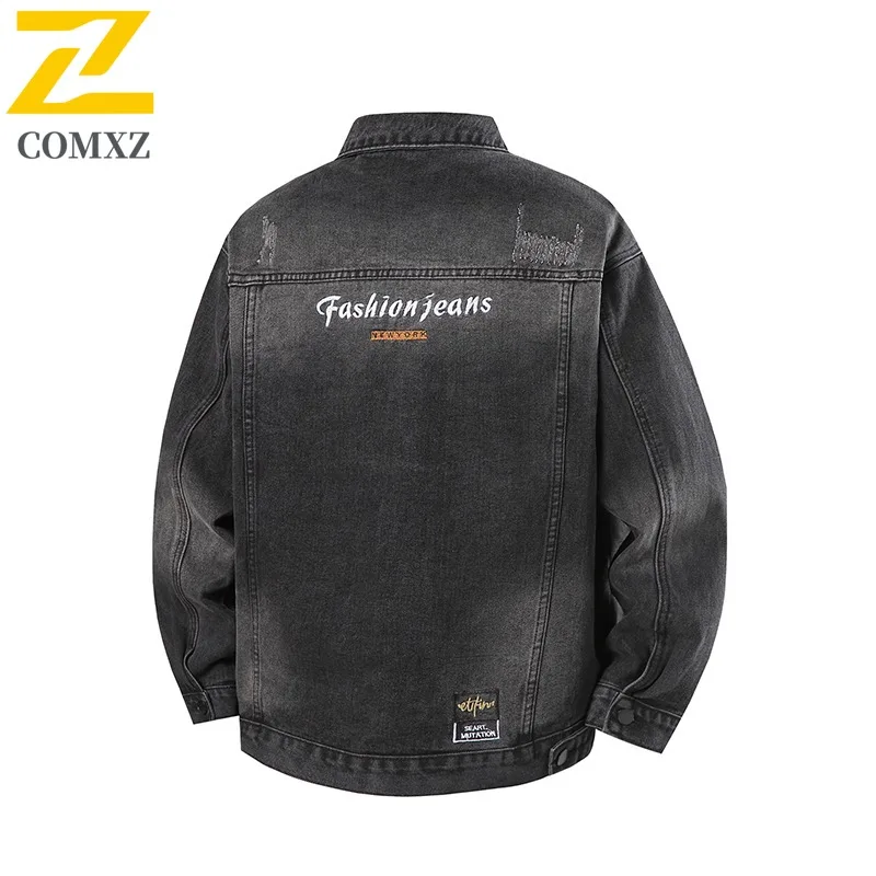 COMXZ Mens 빈티지 데님 자켓 한국 스타일 솔리드 컬러 방수 방풍 작업복 미니멀리스트 streetwear 야외 캐주얼 코트