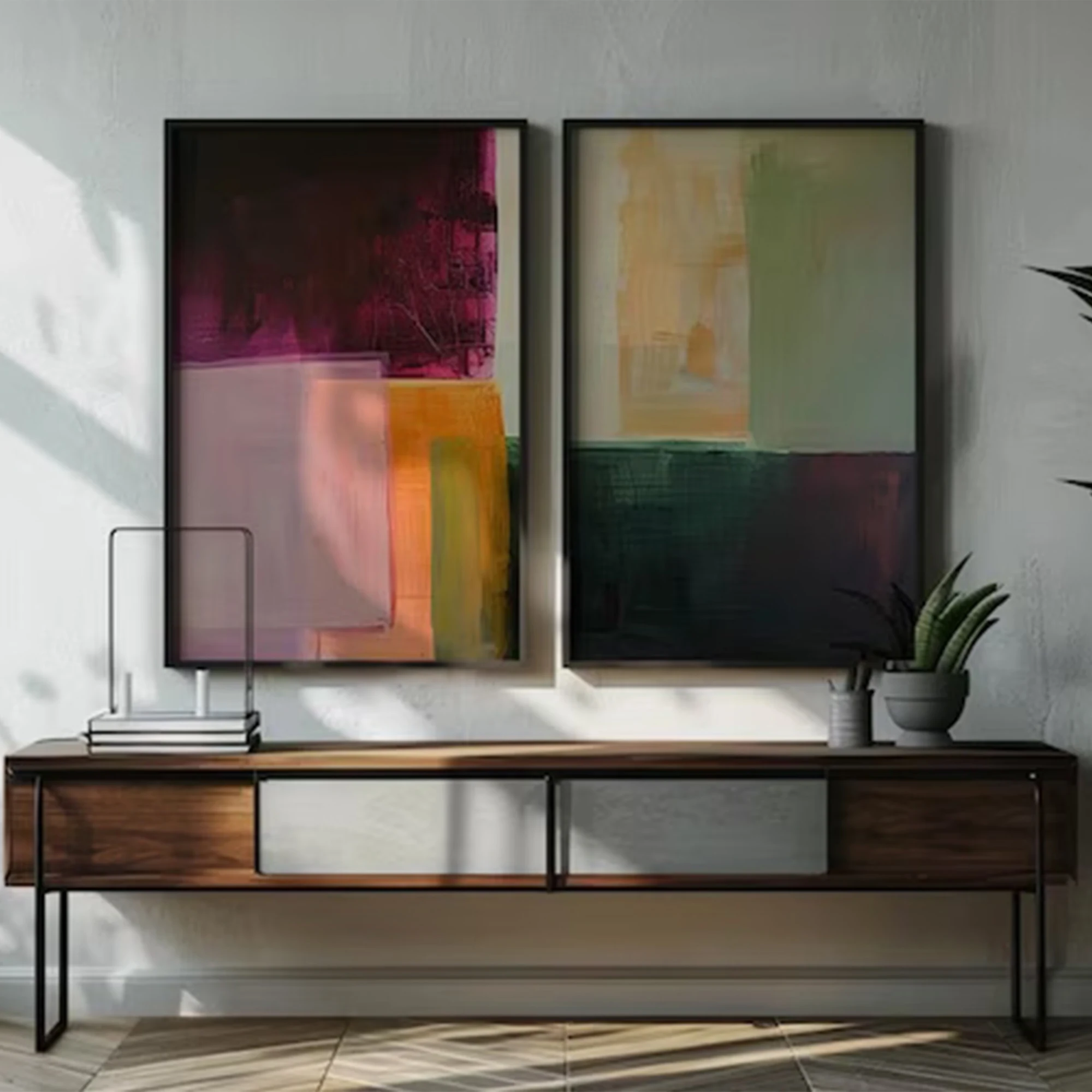 2pcs Retro Orange & Green Color Block Shapes Wall Art Print Canvas Painting Poster Picture For Living Room,Bedroom Home Decor image 3