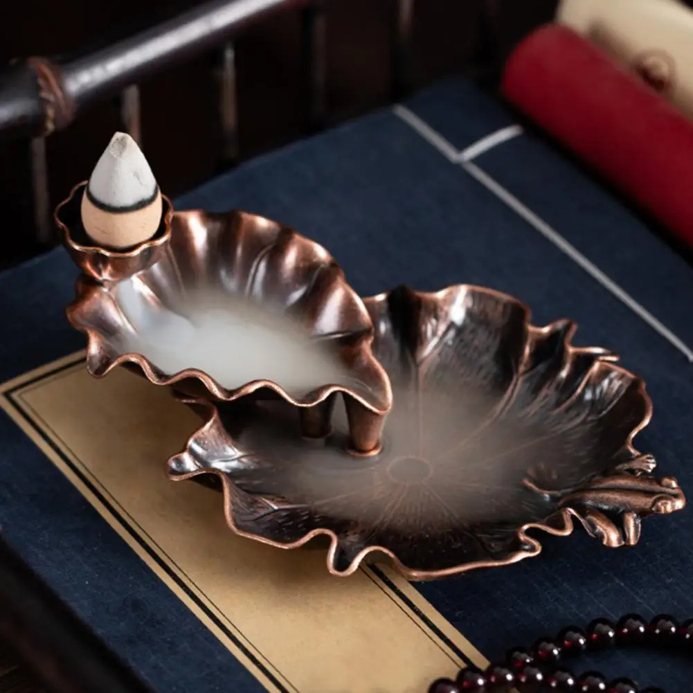 Lotus Leaf Alloy Incense Burner Stick Holder Waterfall Fragrance Fireplace Backflow Aroma Smoke Zen Censer Holder Home Decor