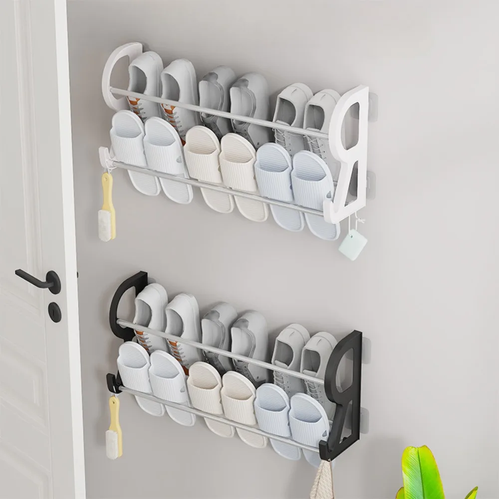 Over The Door Shoe Rack Adhesive Shoe Organizer Wall Mounted with S-Shape Front Door Slipper Rack Bathroom Multifunctional Shelf